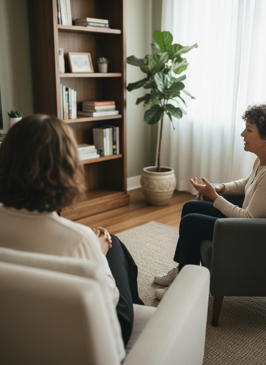 A warm, professional therapy session scene in a softly lit office, showing a psychologist and an adult client seated in comfortable chairs, mid-conversation. The focus is on empathy and calm, with neutral colors, a plant, and bookshelves in the background. No faces fully visible, photographed over-the-shoulder to protect anonymity. The style is natural and realistic, suitable for a psychologist practice website.