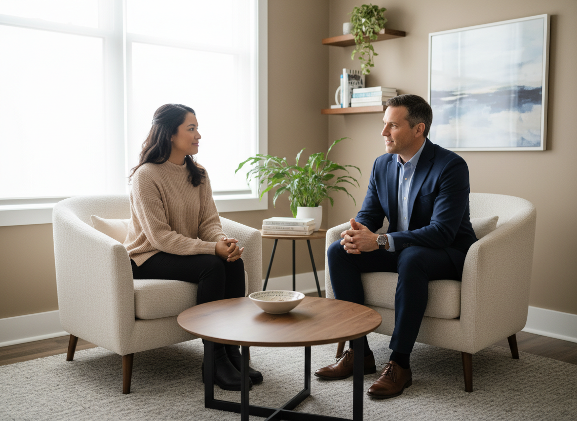 Two people in a warm, professional therapy office setting, one as a therapist and one as a client. They are seated across from each other in comfortable chairs, engaged in a calm conversation, with soft natural light, neutral colors, and subtle decor conveying a safe and supportive environment. The style should be realistic and inclusive, appropriate for a mental health practice website.